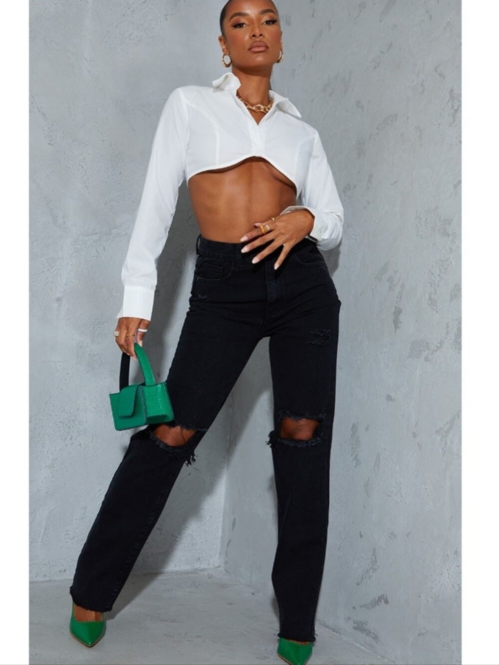 Prettylittlething Washed Black High Rise Ripped Straight Leg Jeans